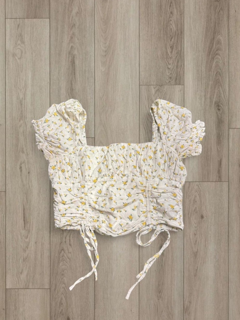 Forever 21 White Smocked Crop Top with Yellow Floral Print